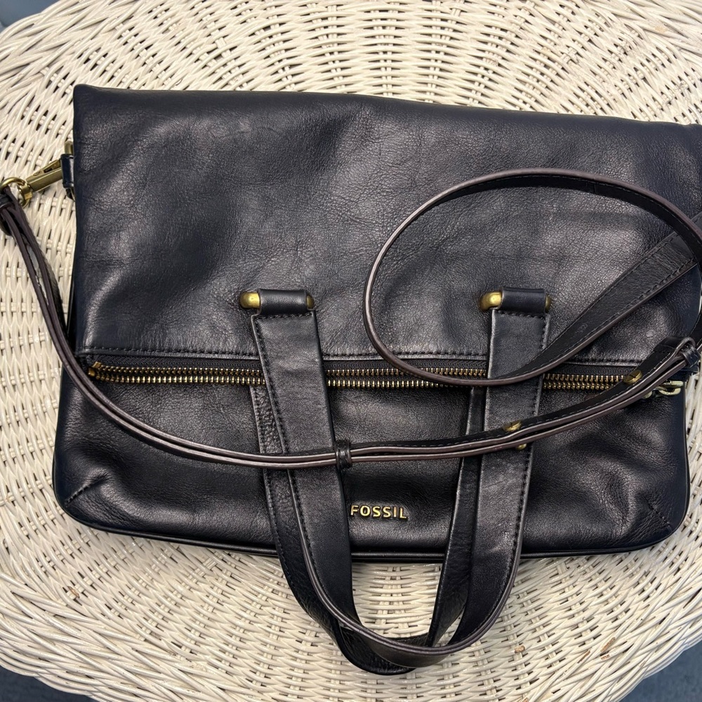 Fossil Black Leather Memoir Anthology Fold Over Tote Crossbody Bag - Picture 6 of 13